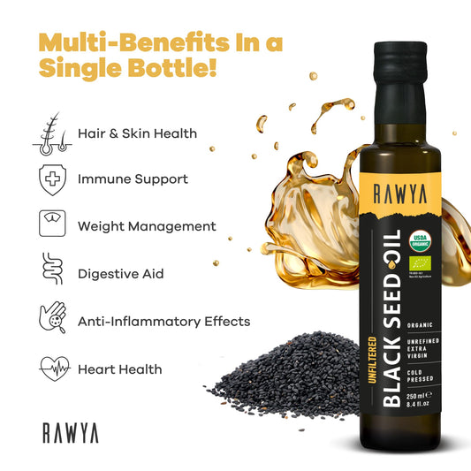 RAWYA Black Seed Oil bottle with USDA Organic label highlighting purity.