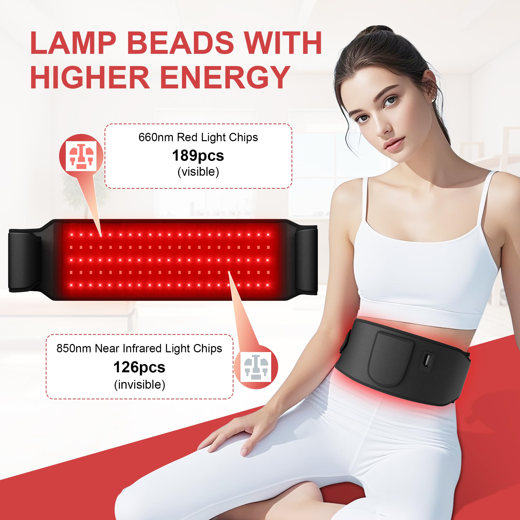 Rayocon red light belt wrap back view showing 51-inch circumference for waist and back