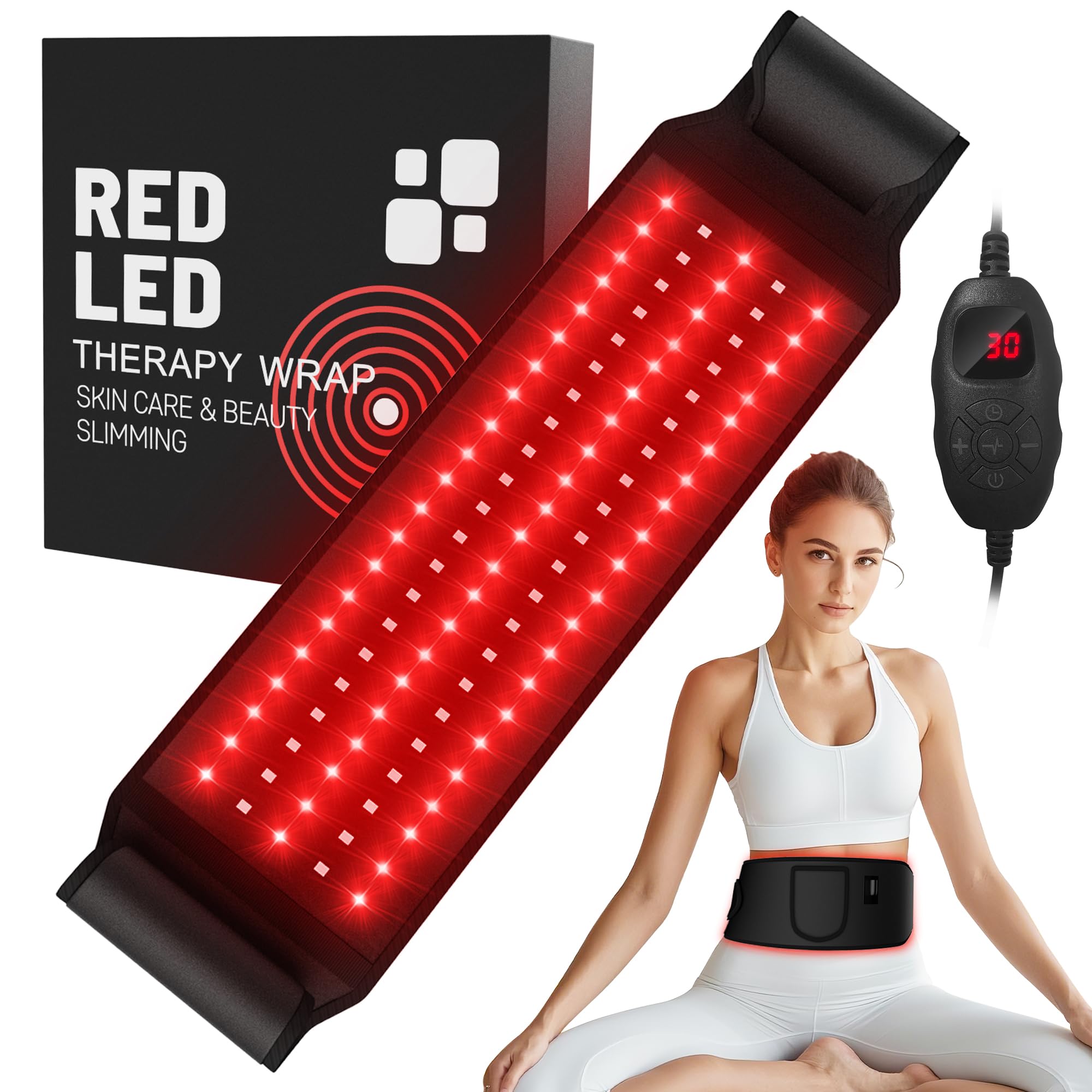 Rayocon red light belt wrap front view with 105 LED beads for targeted warmth