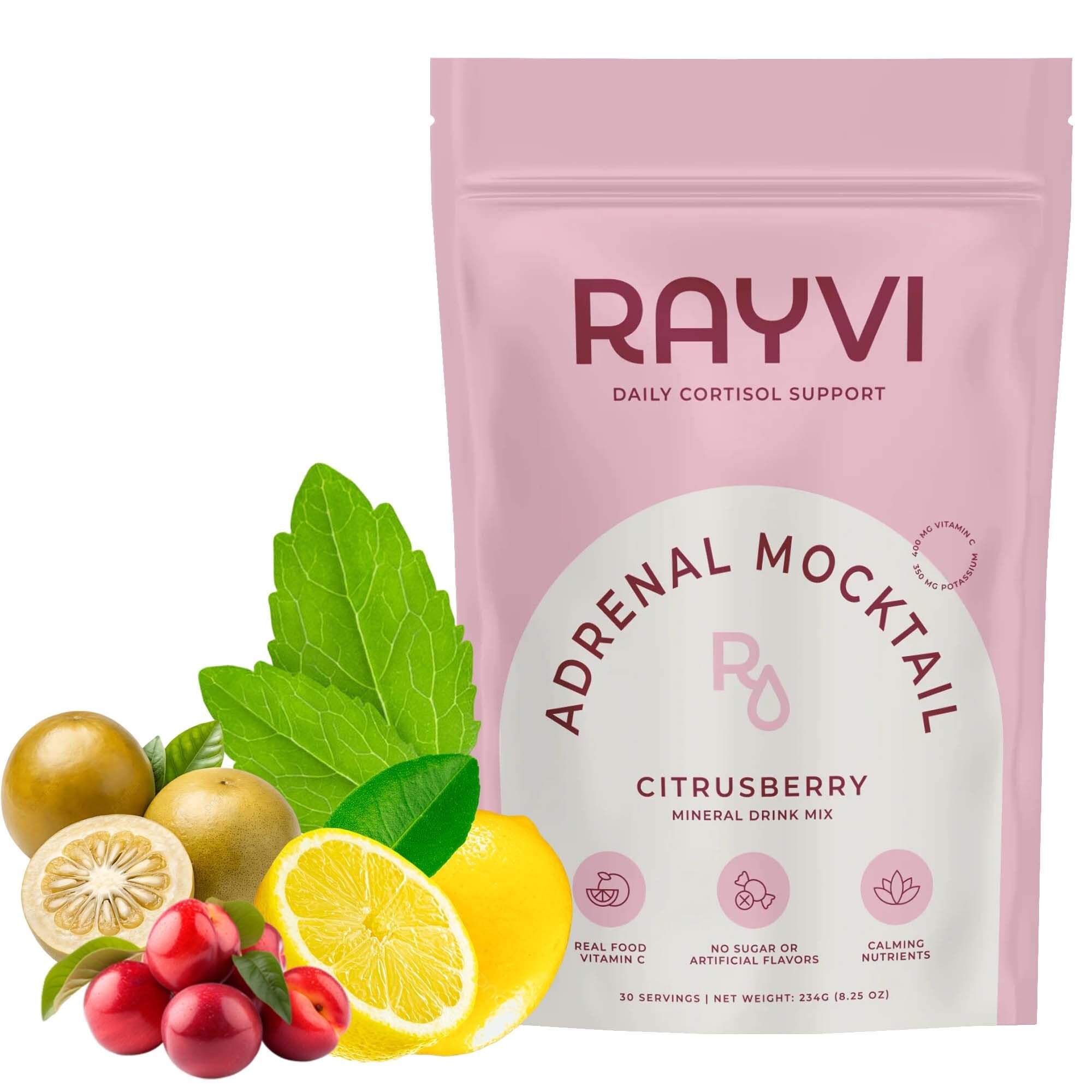 Rayvi Adrenal Electrolytes Powder bottle for sugar-free hydration and daily energy.