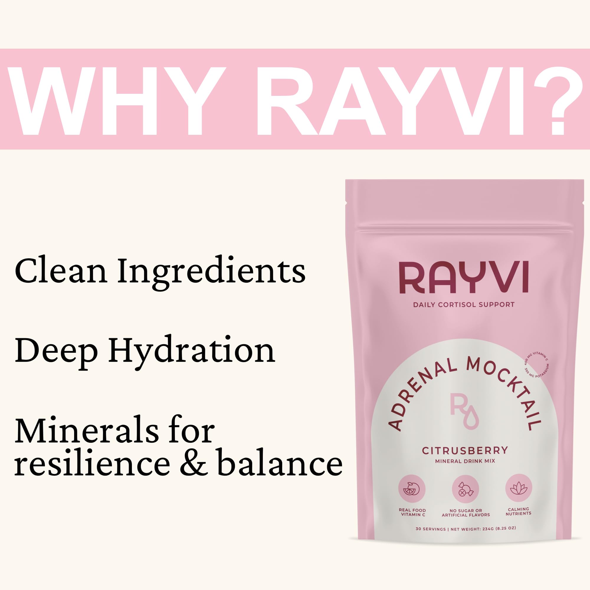 Rayvi Adrenal no-artificial-flavors label communicates clean ingredients.