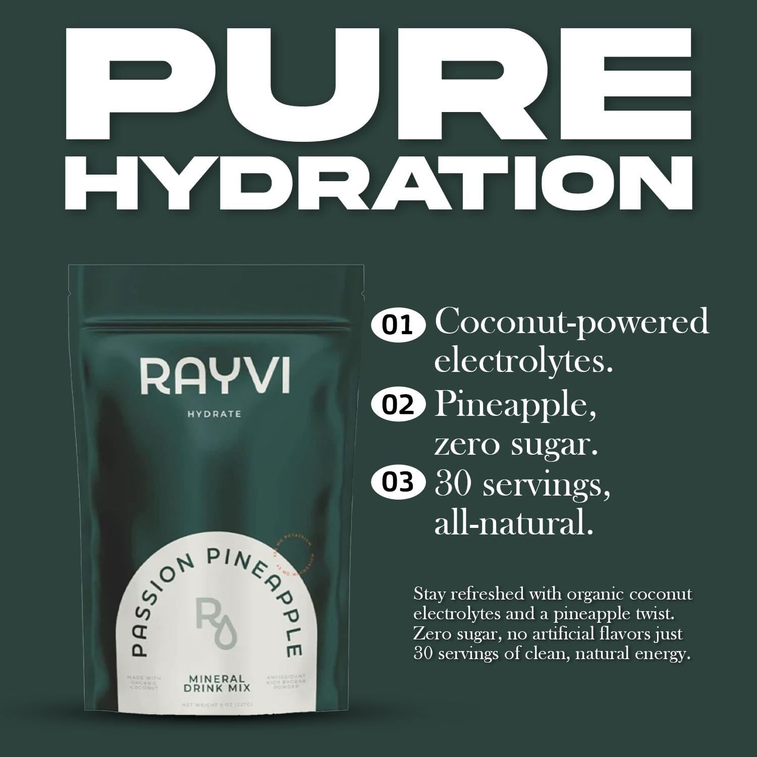 Rayvi Passion Pineapple flavor tub label communicates vegan, sugar-free hydration.