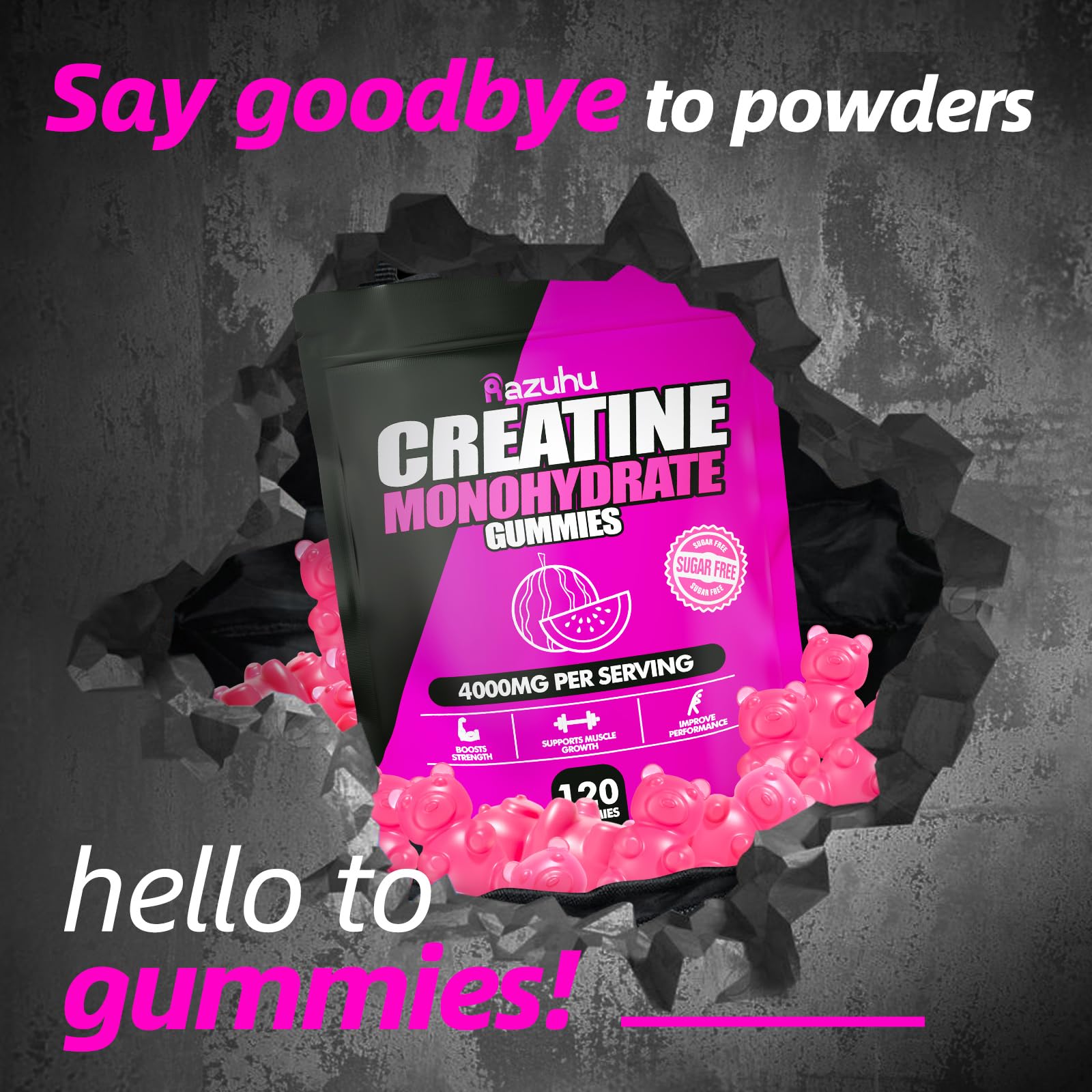 Razuhu Creatine Monohydrate Gummies close-up showing 4g per serving.