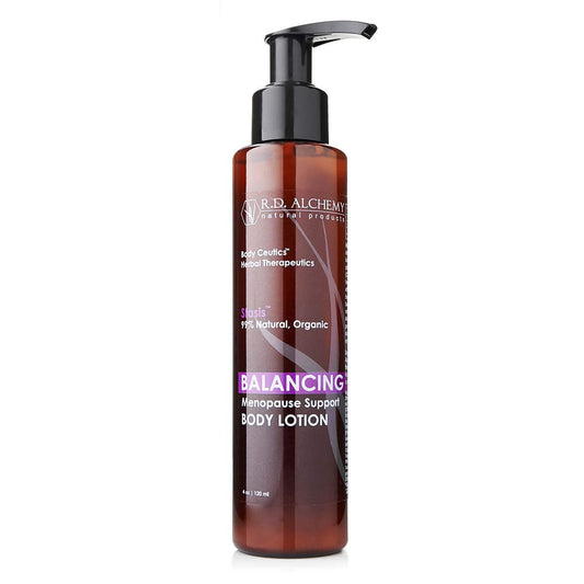 RD Alchemy Balance body lotion bottle shows calming formula for menopausal skin.