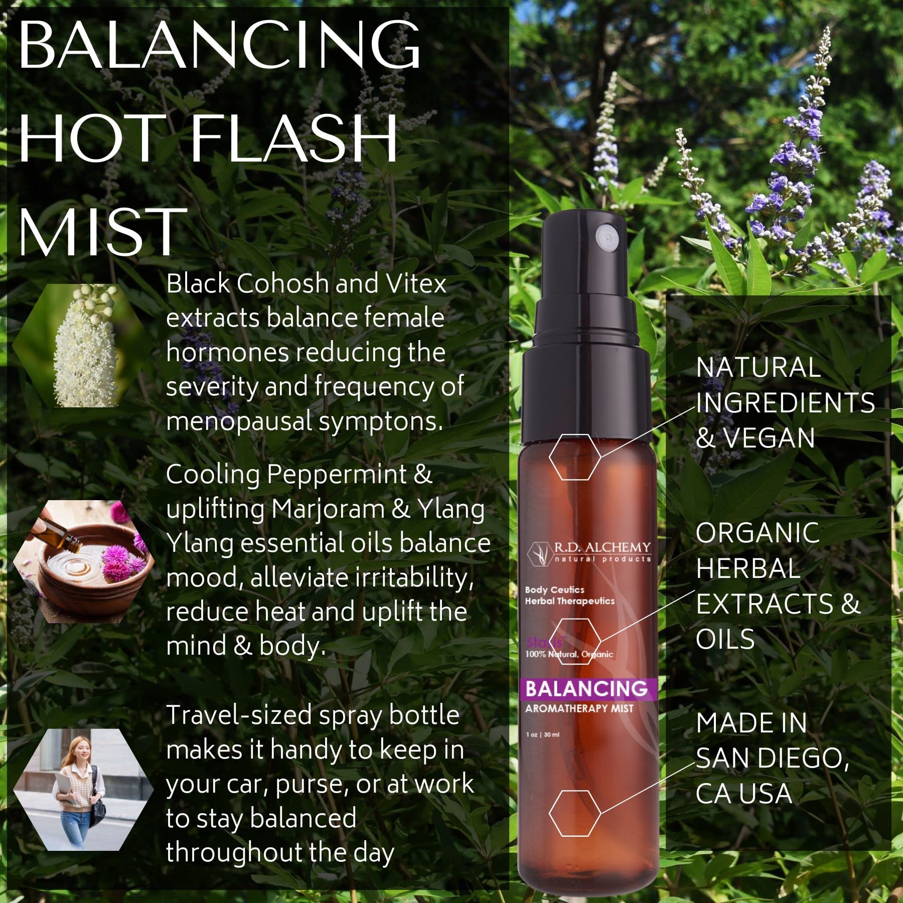 RD Alchemy Balancing Hot Flash Mist ingredients include Black Cohosh and Marjoram for calming aroma