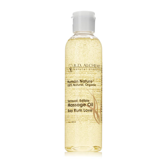 RD Alchemy Bay Rum Love bottle pour – easy, flavorful massage oil for intimate moments