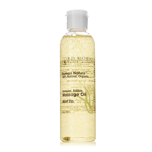 RD Alchemy Mint Zip Massage Oil bottle on a clean surface, promising a refreshing cooling massage.
