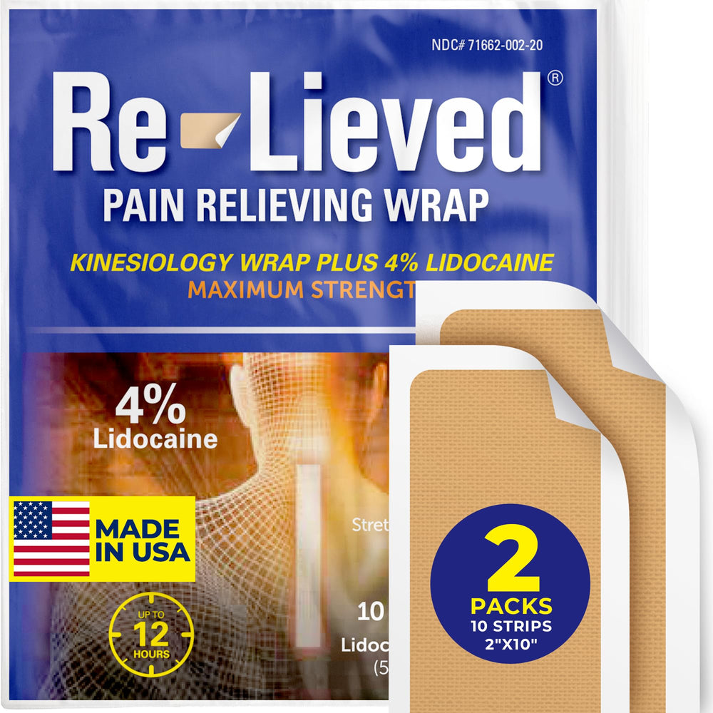 Re-Lieved 4% Lidocaine tape in box offers quick, non-prescription pain relief.