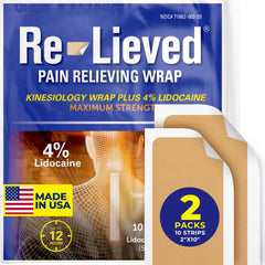 Re-Lieved 4% Lidocaine tape in box offers quick, non-prescription pain relief.
