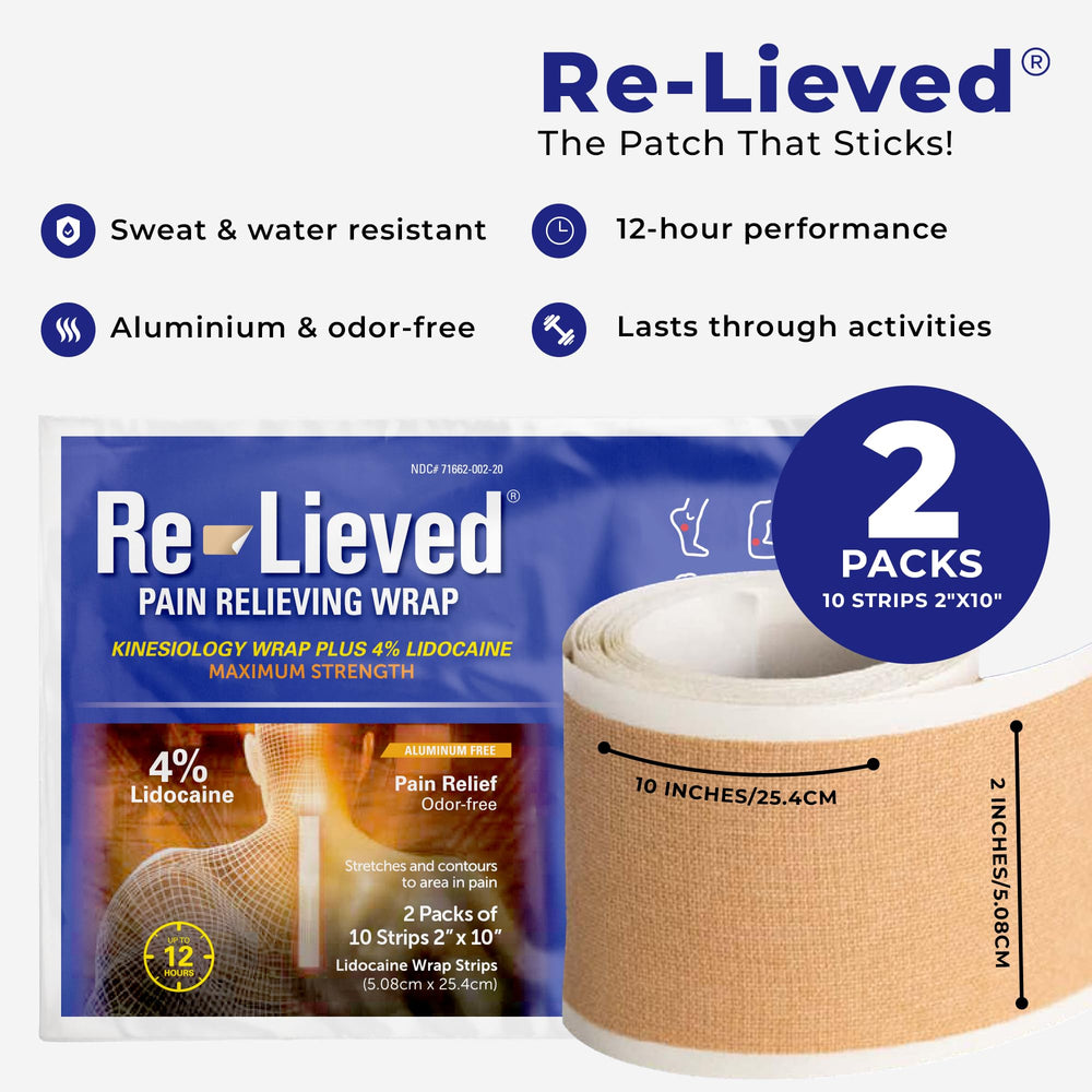 Re-Lieved lidocaine patch closeup highlights thin, skin-friendly adhesive.