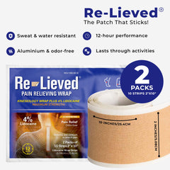 Re-Lieved lidocaine patch closeup highlights thin, skin-friendly adhesive.