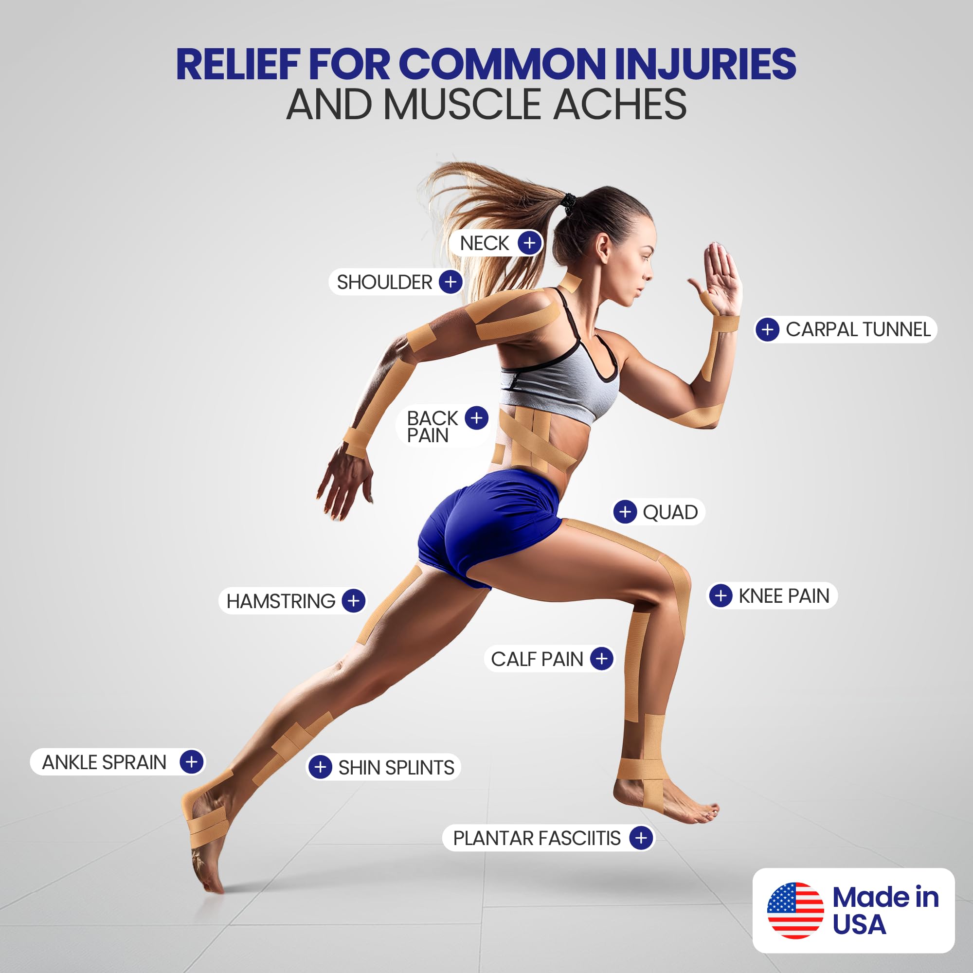 Re-Lieved kinesiology tape on knee demonstrates flexible wear for active relief.