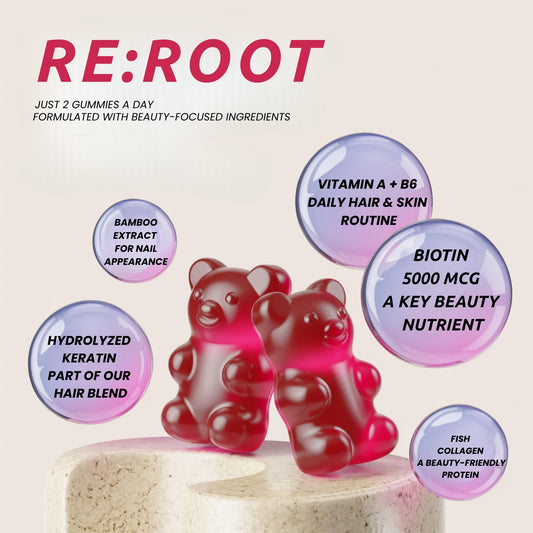 RE:ROOT bottle label shows 5000 mcg biotin and collagen for daily beauty.
