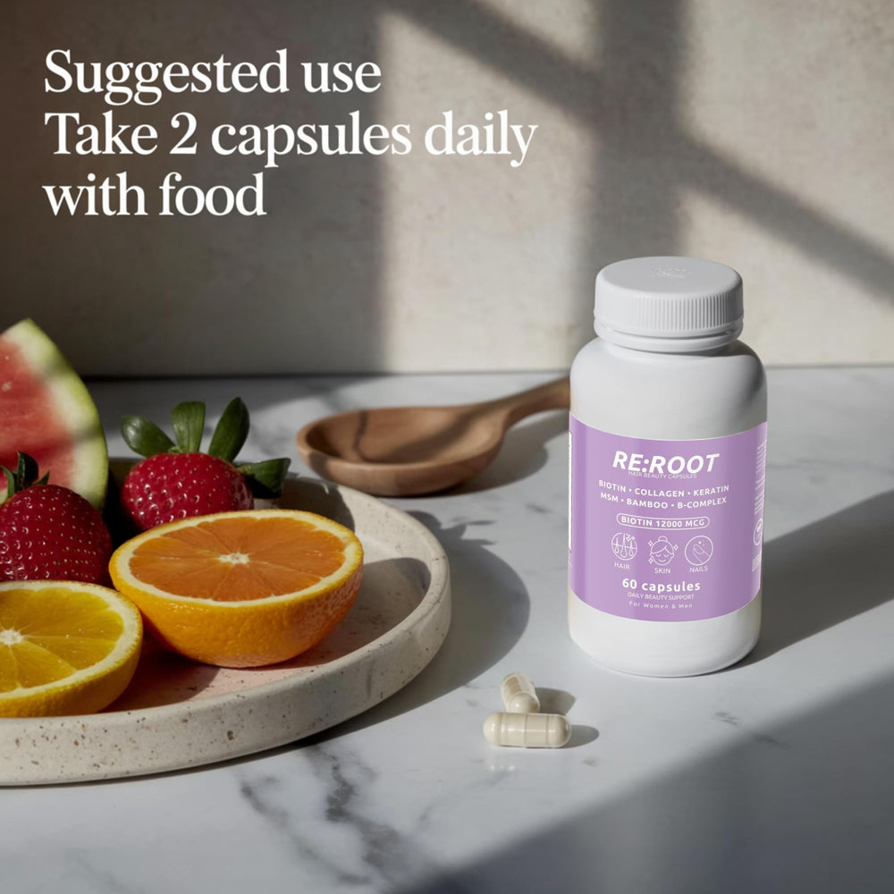 RE:ROOT Hair Growth Supplement front label communicates vegan capsules and a clean formula