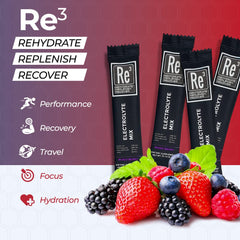 Re3 mixed berry electrolyte powder with zero sugar for active lifestyles.