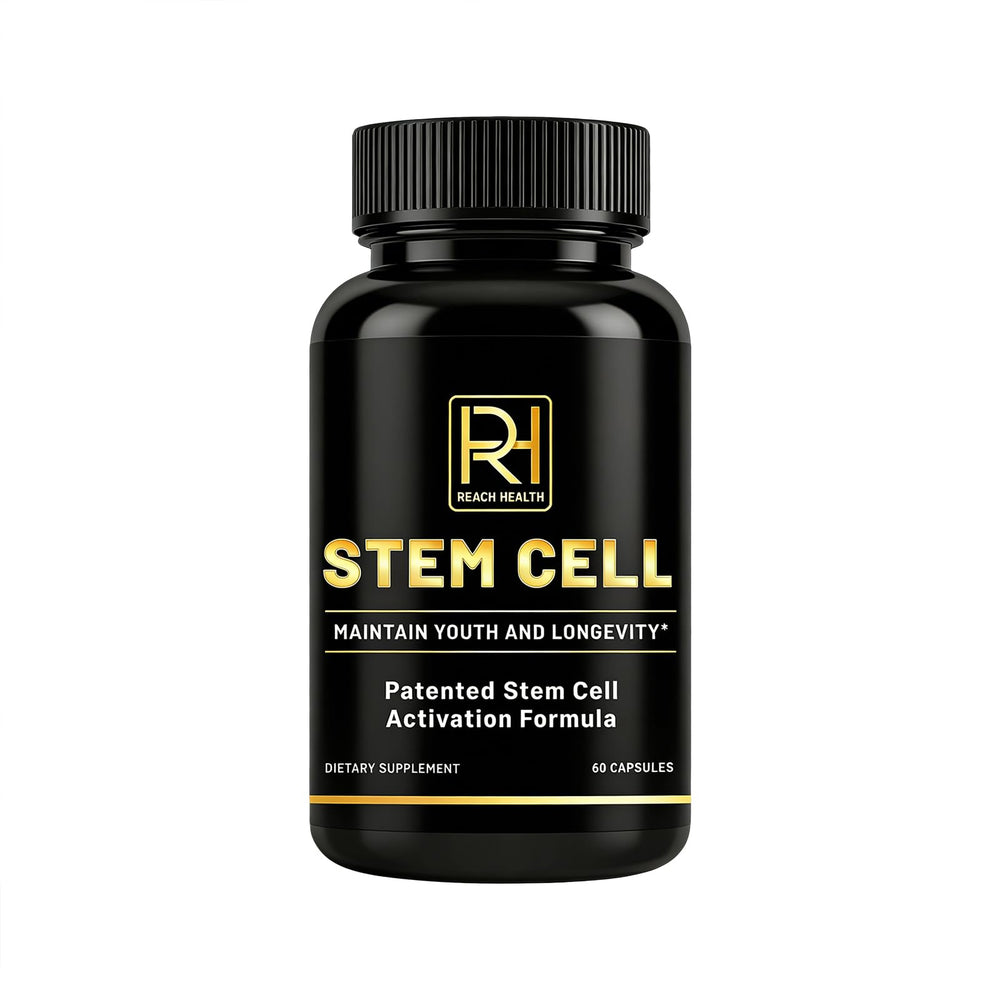 REACH HEALTH Stem Cell Activation Formula bottle with 60 softgels for daily vitality.