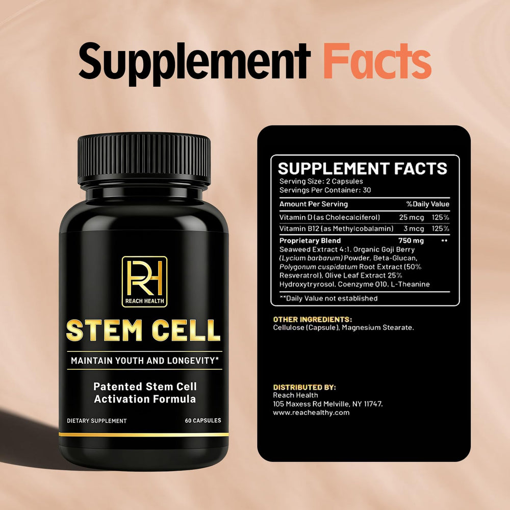 REACH HEALTH capsules highlighting Vitamin D and B12 for cellular energy.