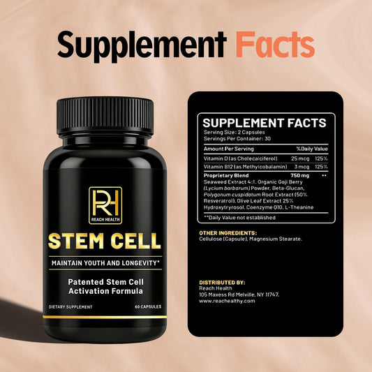 REACH HEALTH capsules highlighting Vitamin D and B12 for cellular energy.