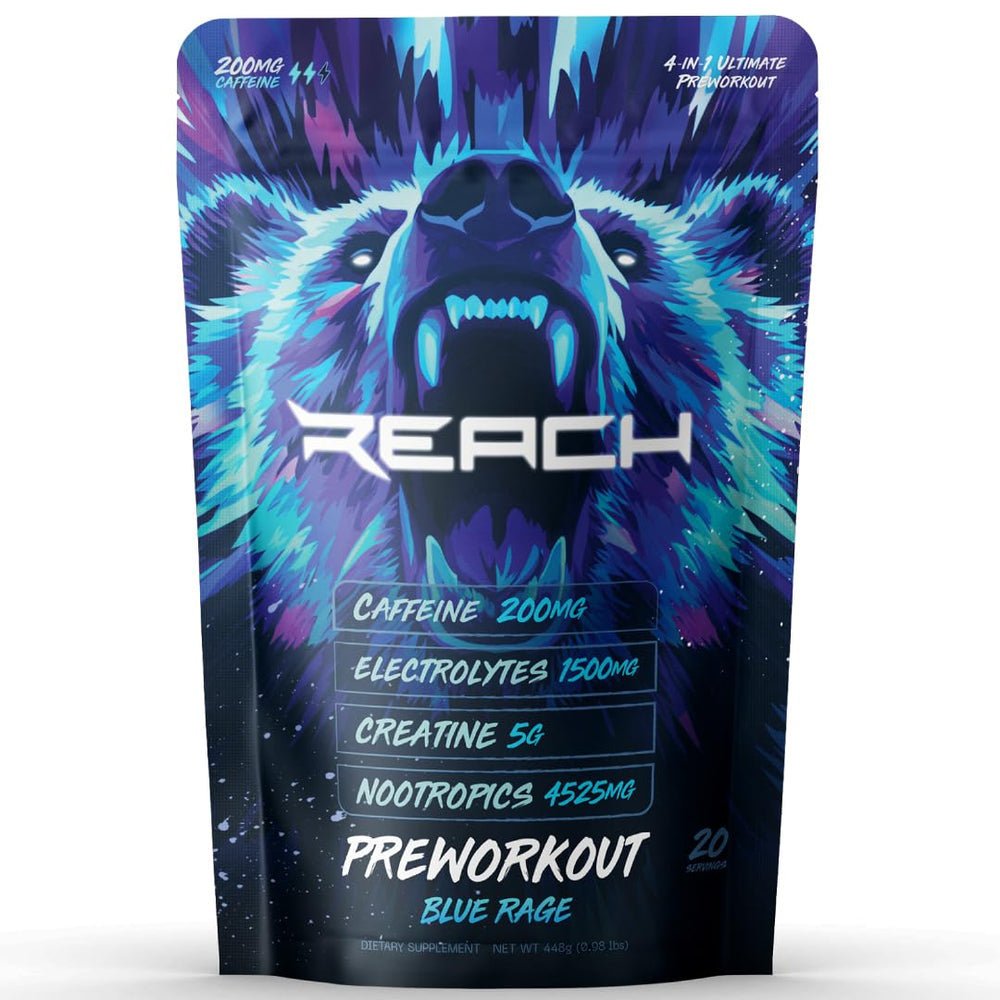 REACH Supplements Pre Workout bottle ready for a focused, energy-filled training.