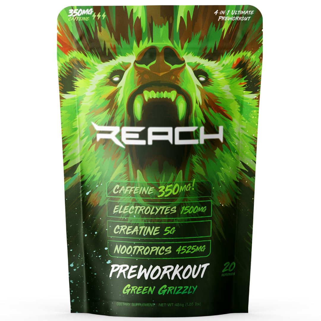 Reach Supplements pre-workout jar front showing premium formula for focused training