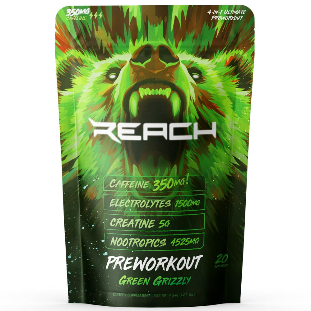Reach Supplements pre-workout jar front showing premium formula for focused training