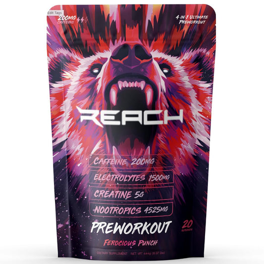 REACH Supplements Pre Workout powder being poured for smooth energy during training.