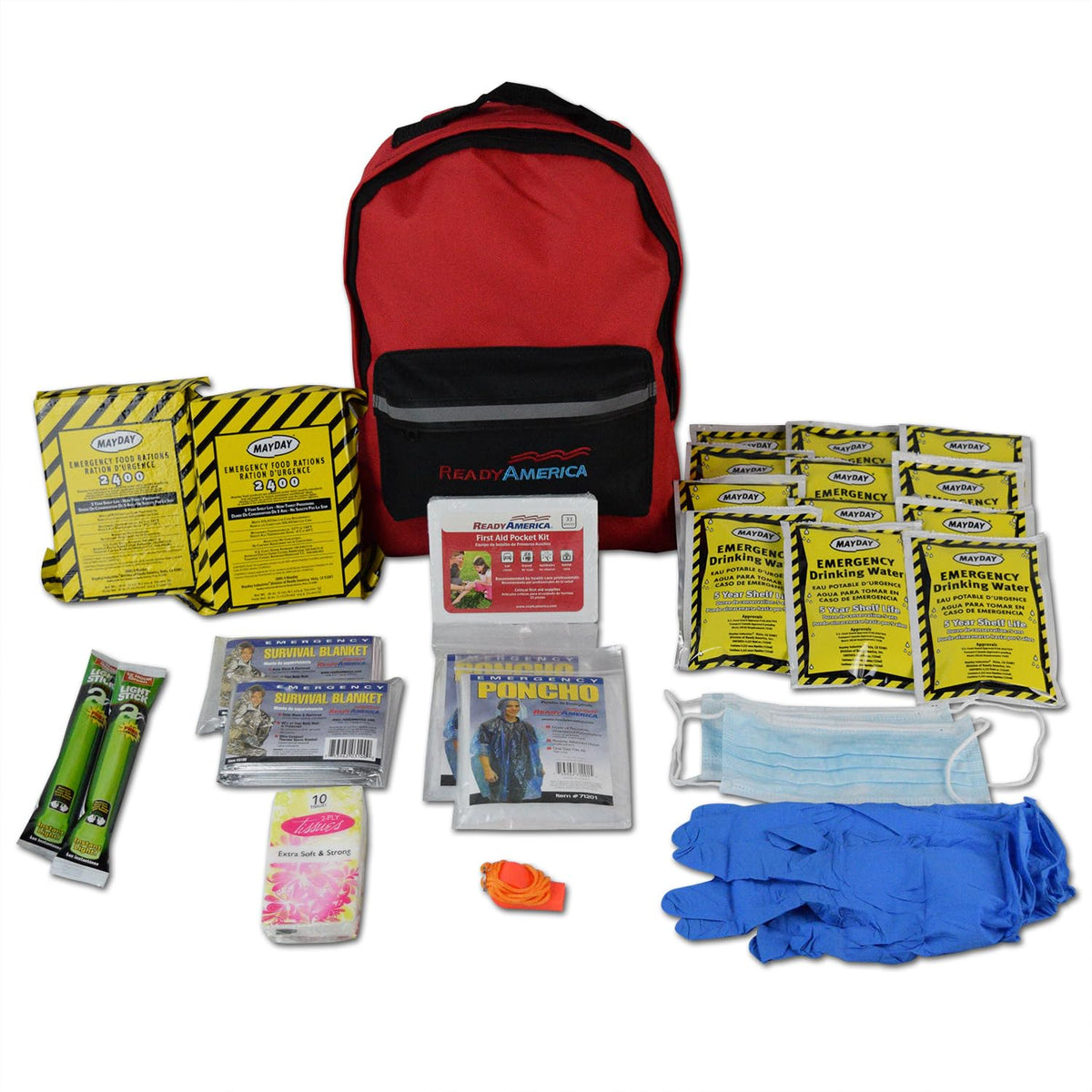 Ready America 70280 emergency kit backpack showing full gear for two people