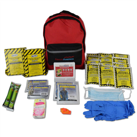 Ready America 70280 emergency kit backpack showing full gear for two people