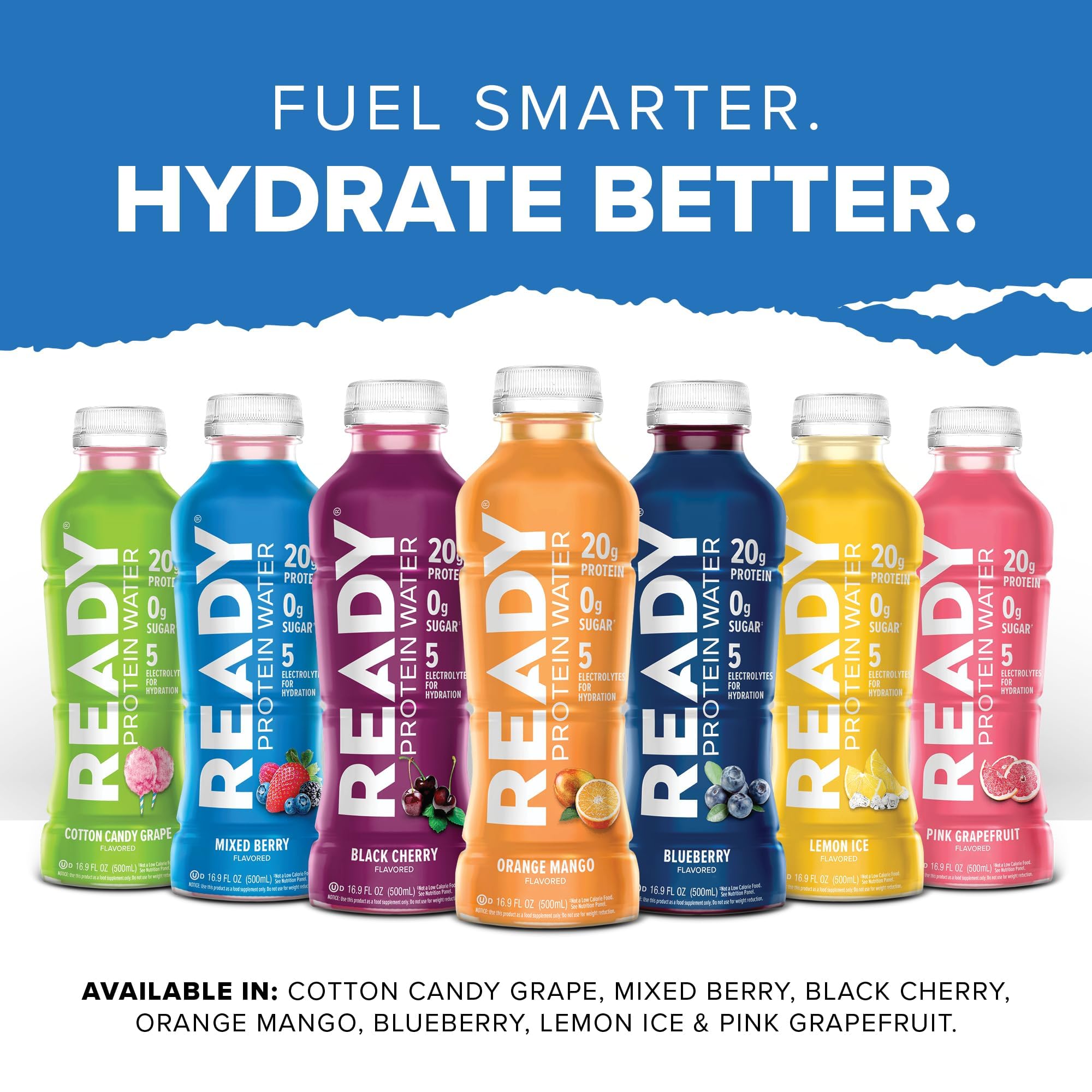 Ready Clear Protein Water bottle with electrolytes for balanced hydration.