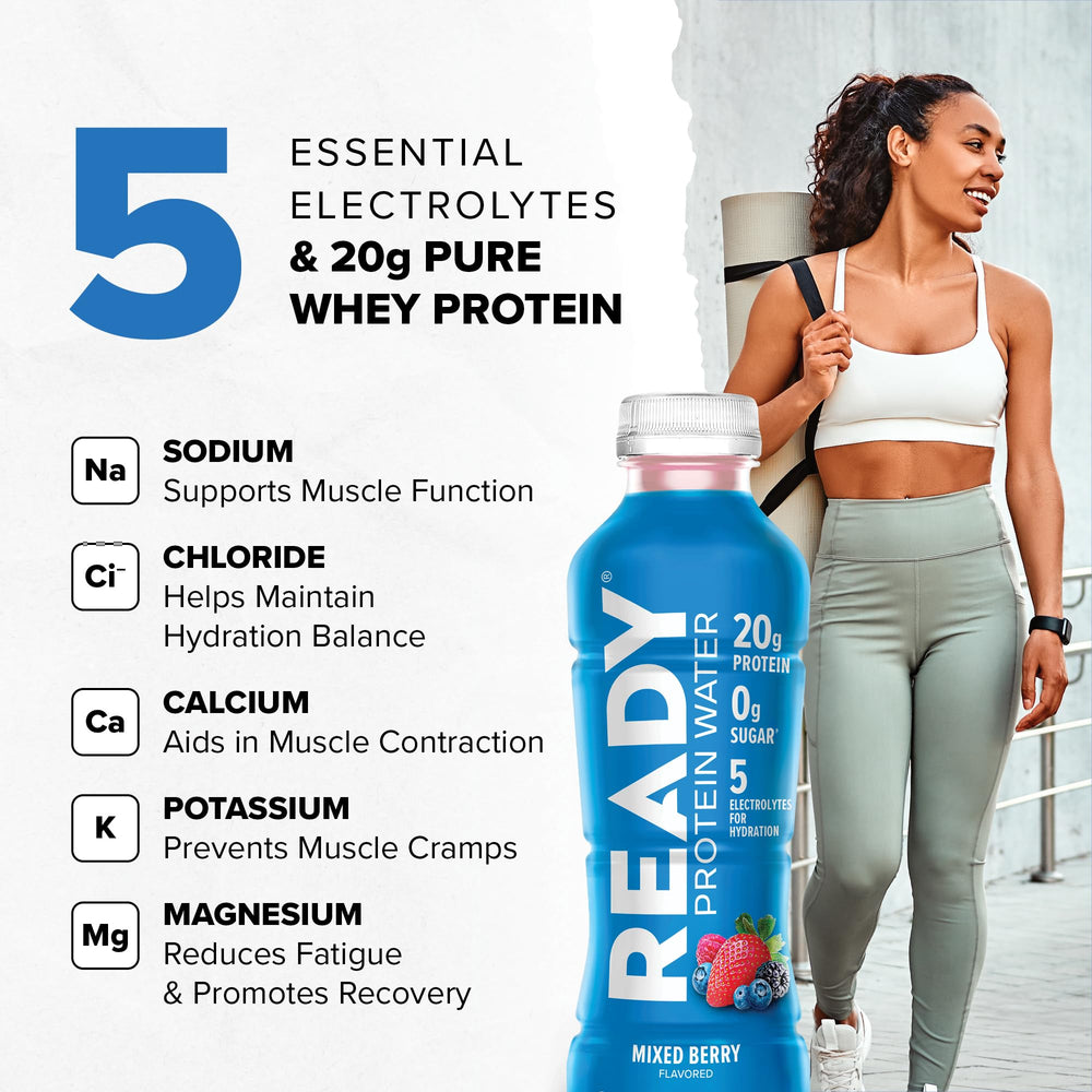Ready Clear Protein Water label shows 20 g protein and zero sugar.