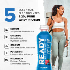Ready Clear Protein Water label shows 20 g protein and zero sugar.