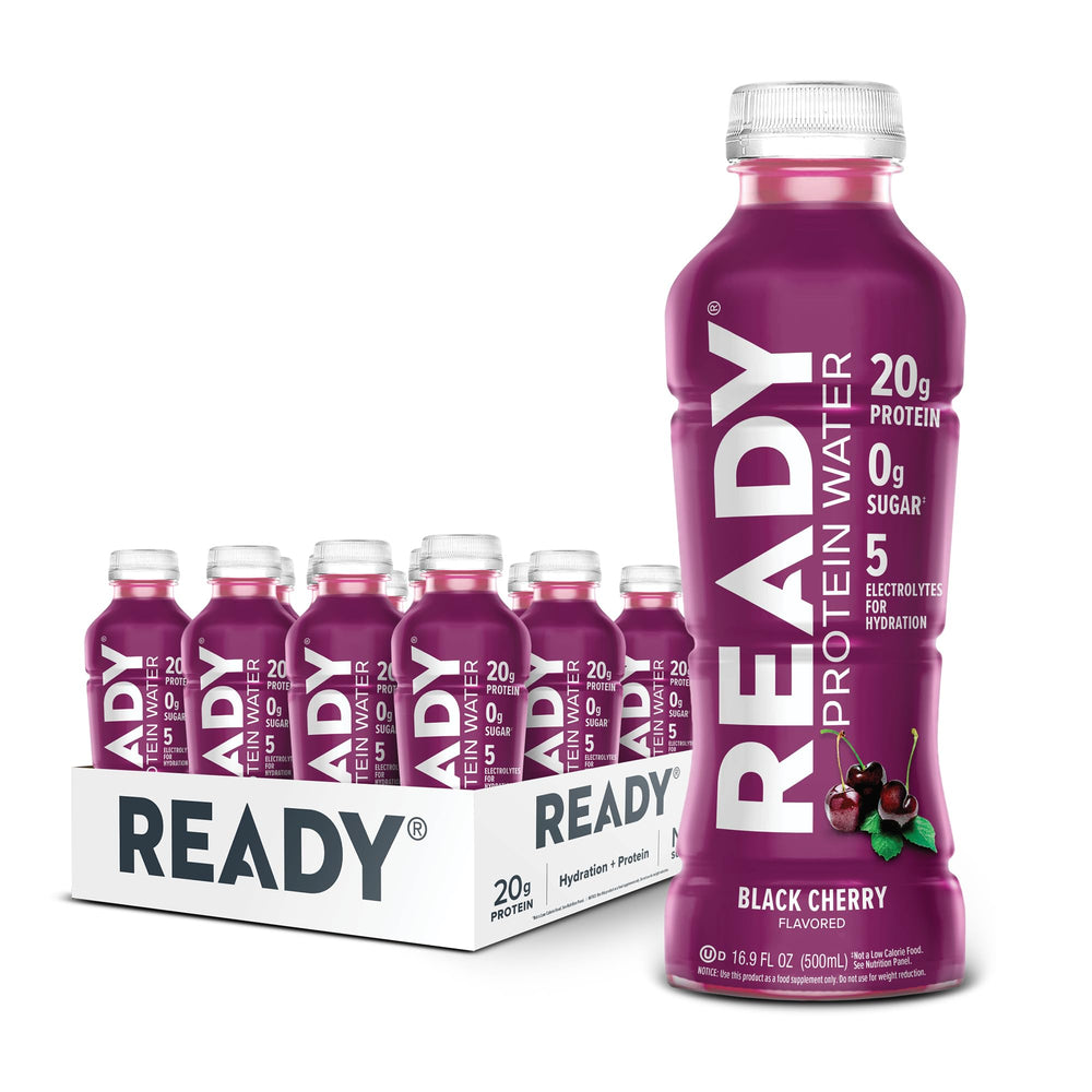 Ready Clear Protein Water Black Cherry bottle delivering 20g whey protein isolate for on-the-go recovery.