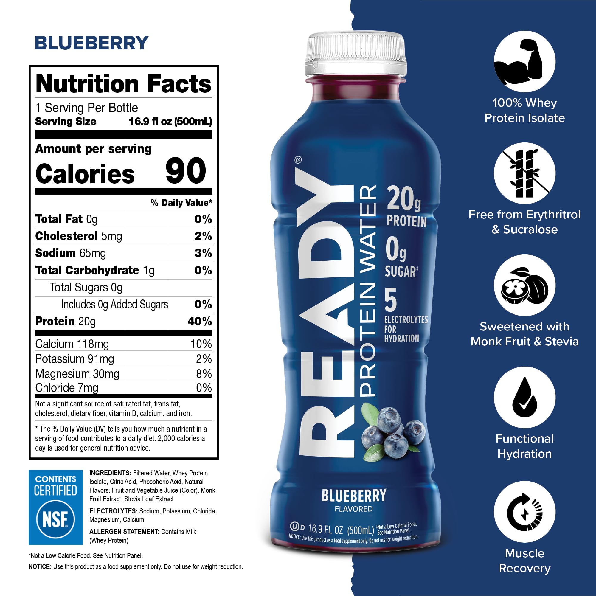 Ready Clear Protein Water blueberry in a glass shows refreshing flavor