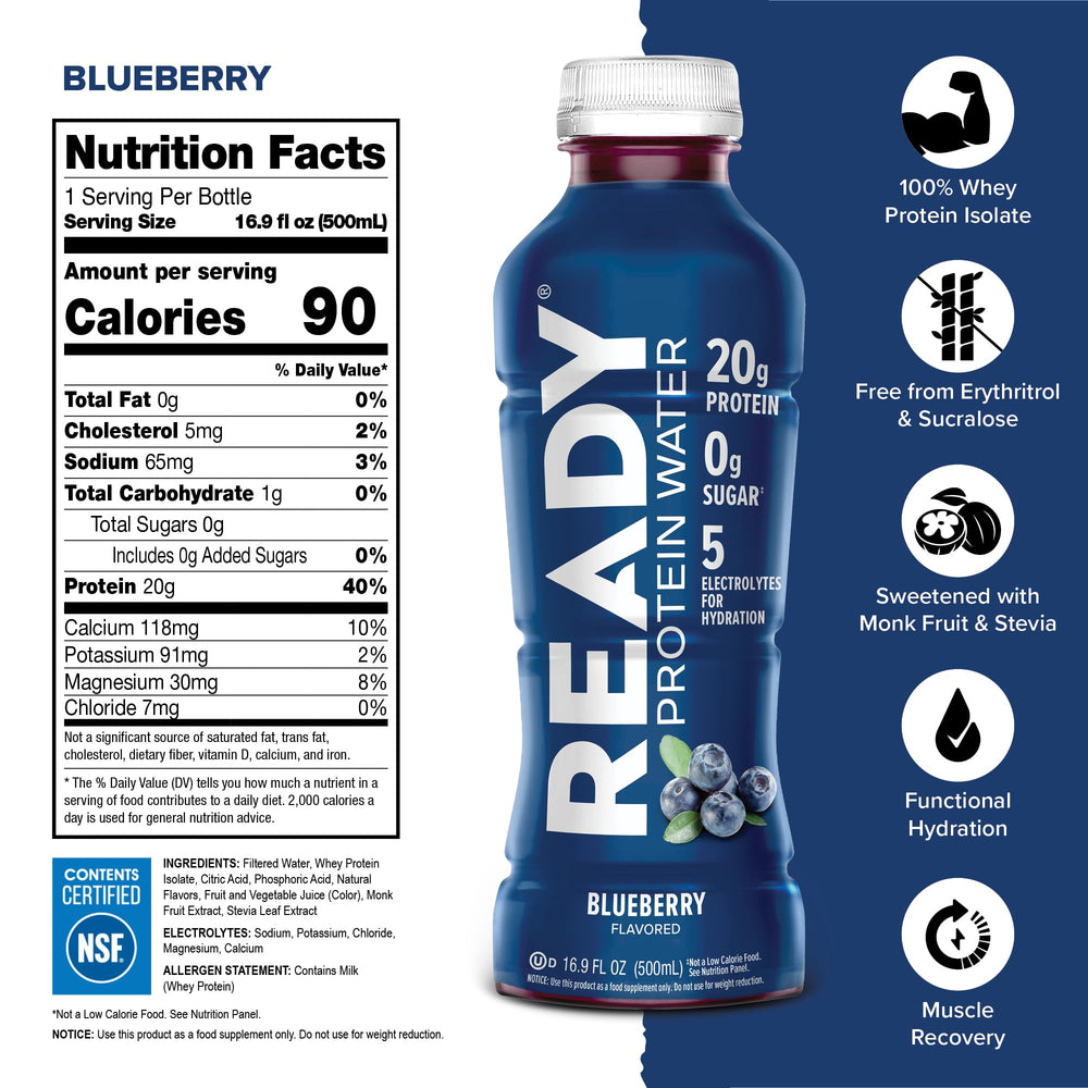 Ready Clear Protein Water blueberry in a glass shows refreshing flavor