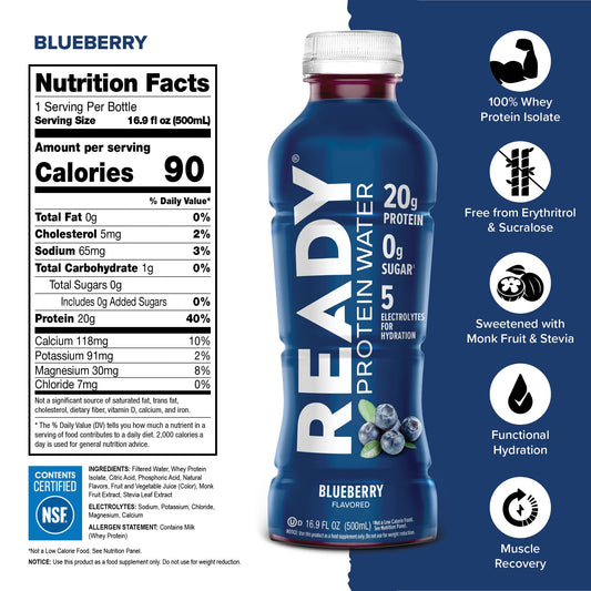 Ready Clear Protein Water blueberry in a glass shows refreshing flavor