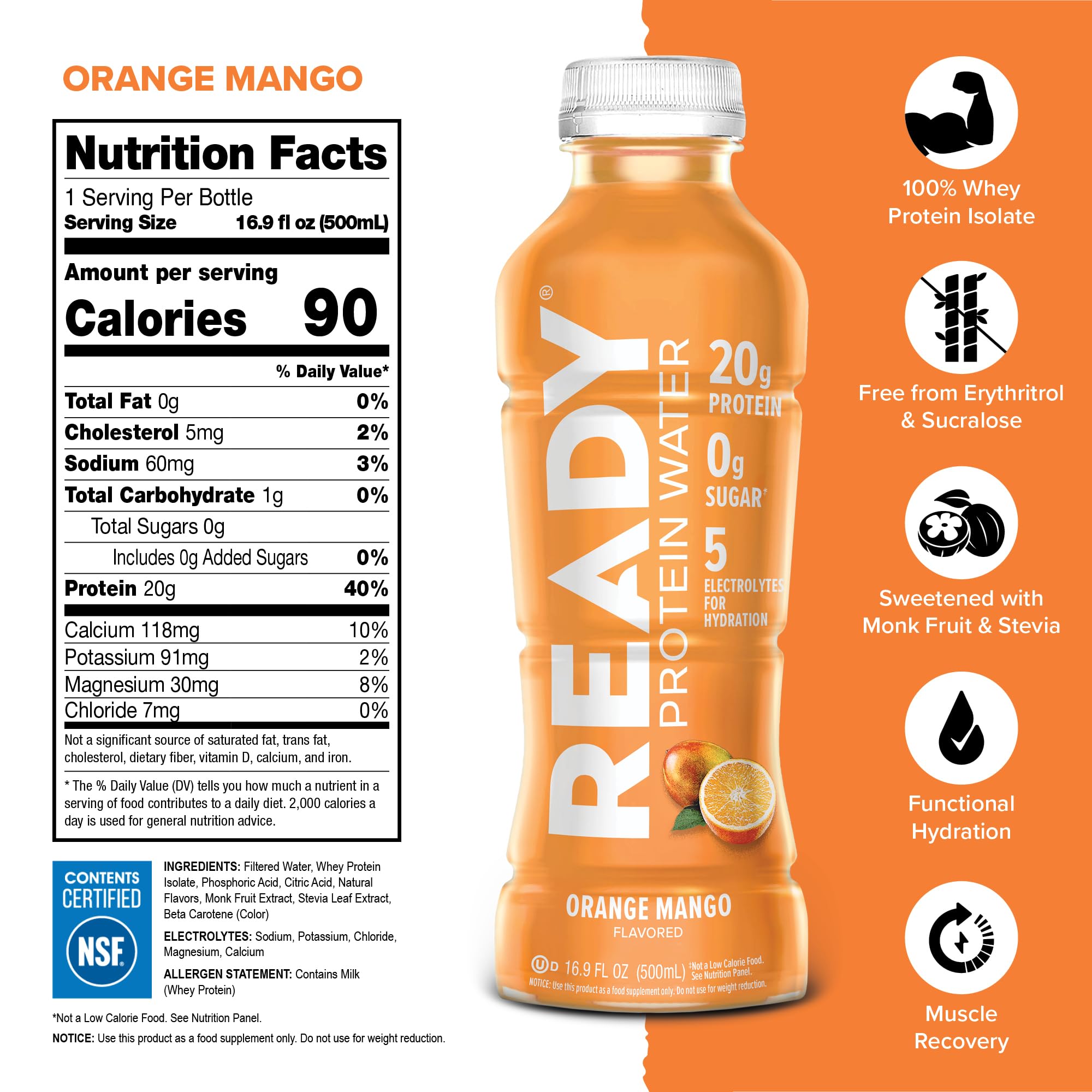 Ready Clear Protein Water bottle label close-up highlighting zero sugar and electrolytes