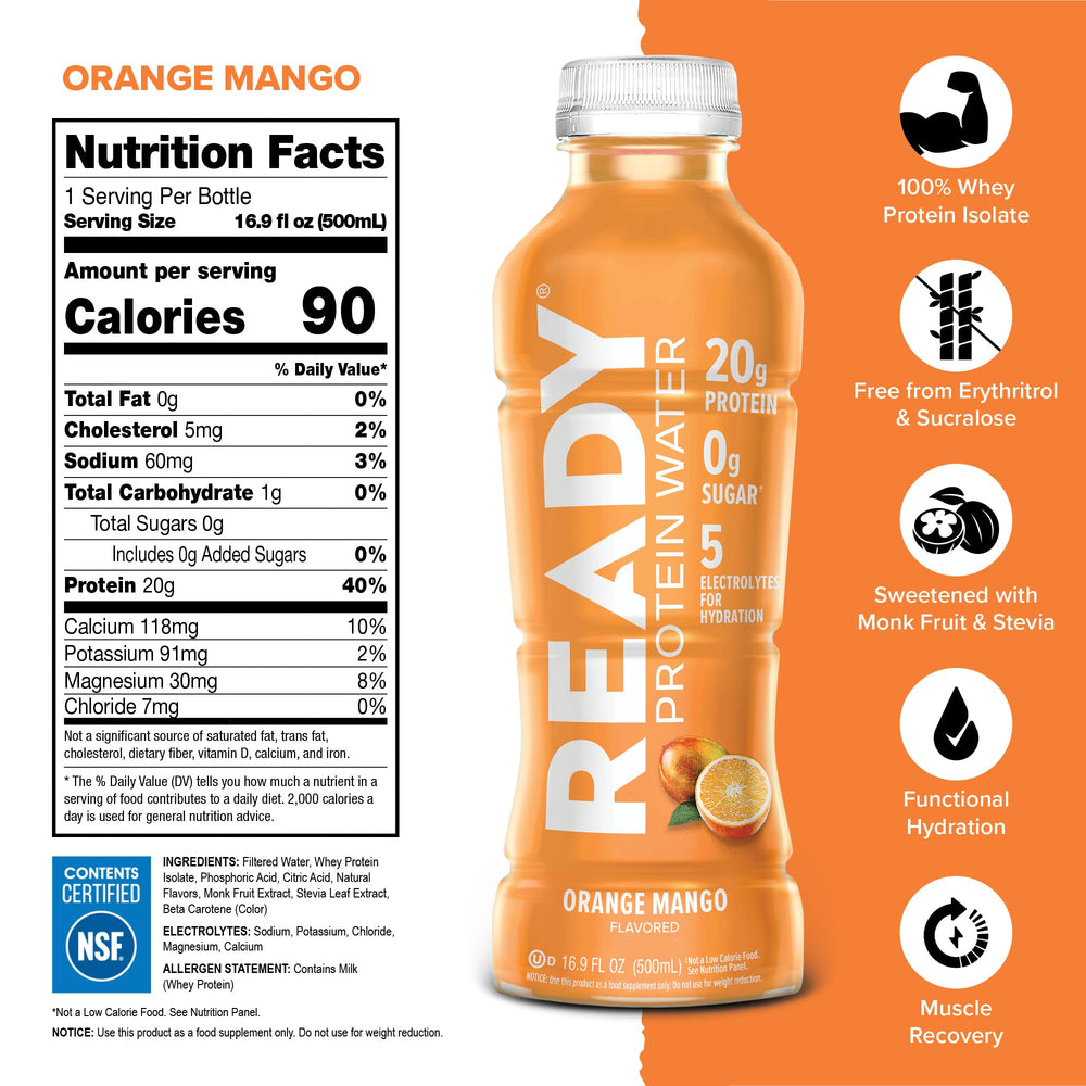 Ready Clear Protein Water bottle label close-up highlighting zero sugar and electrolytes