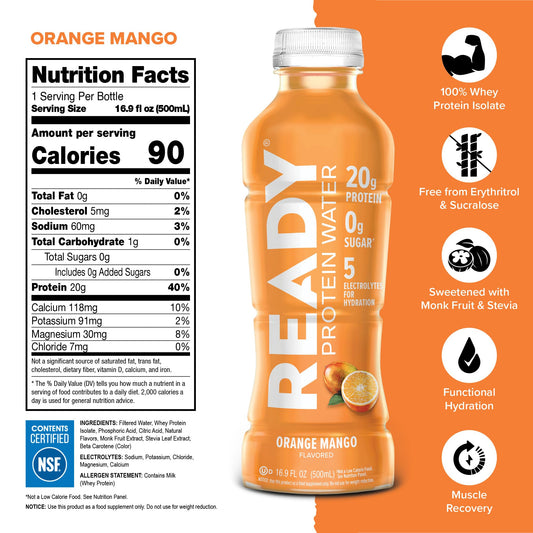Ready Clear Protein Water bottle label close-up highlighting zero sugar and electrolytes