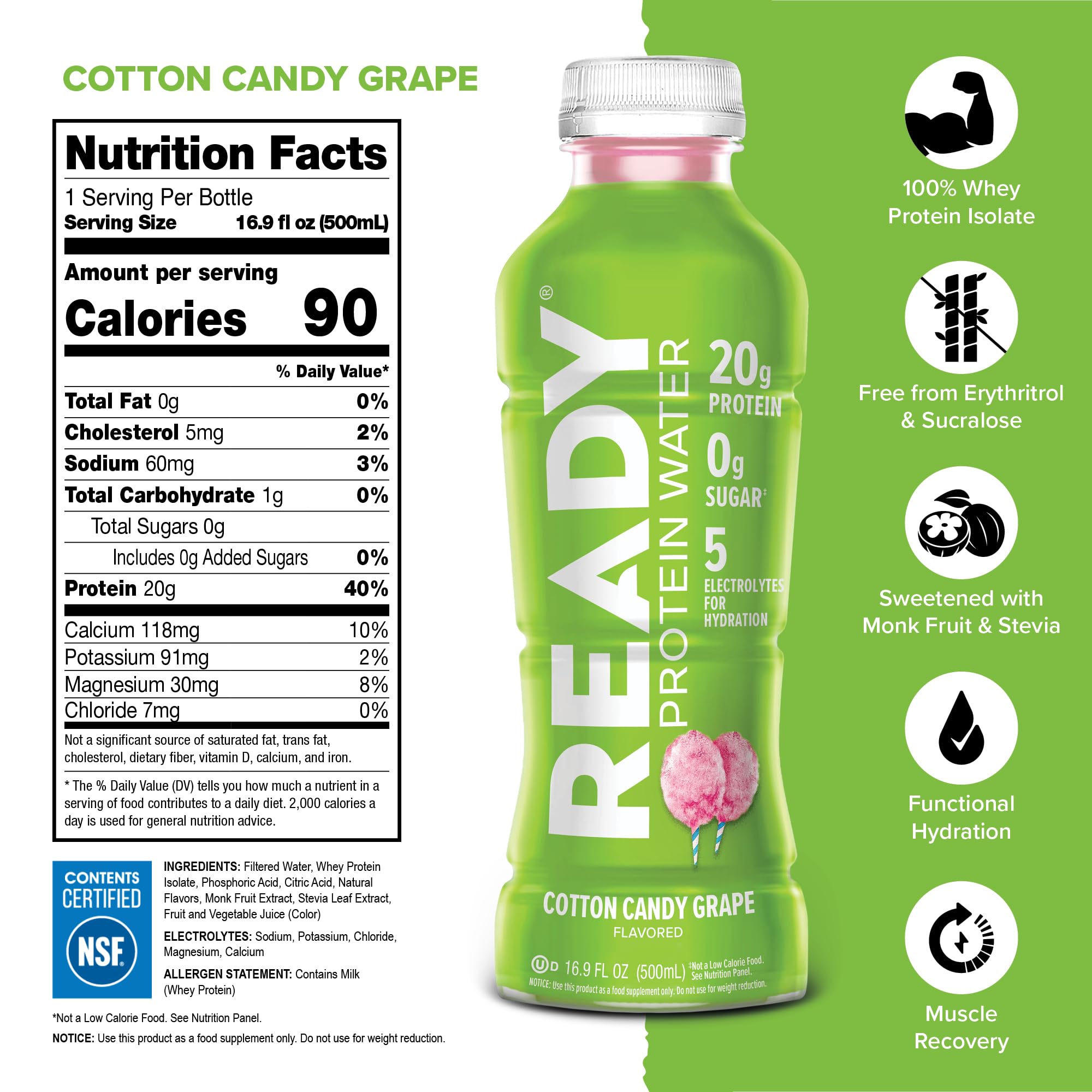 Ready Clear Protein Water bottle side-label highlights electrolytes and zero sugar