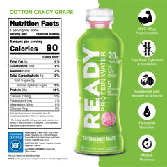 Ready Clear Protein Water bottle side-label highlights electrolytes and zero sugar