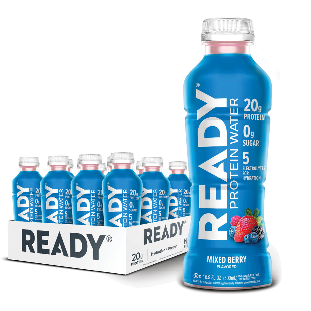 Ready Clear Protein Water bottle on gym bench for hydration during workouts.