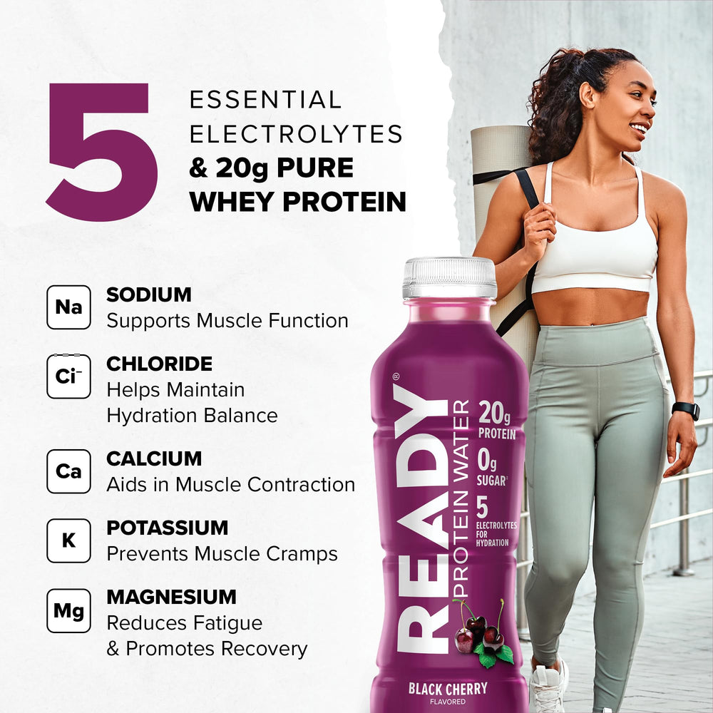 Close-up of Ready Clear Protein Water label highlights electrolyte blend.