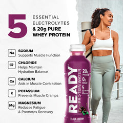 Close-up of Ready Clear Protein Water label highlights electrolyte blend.