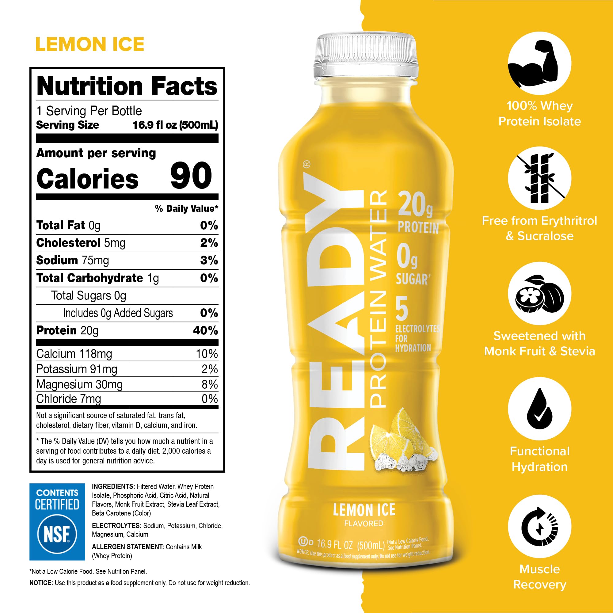 Ready Clear Protein Water bottle back showing zero sugar and calories