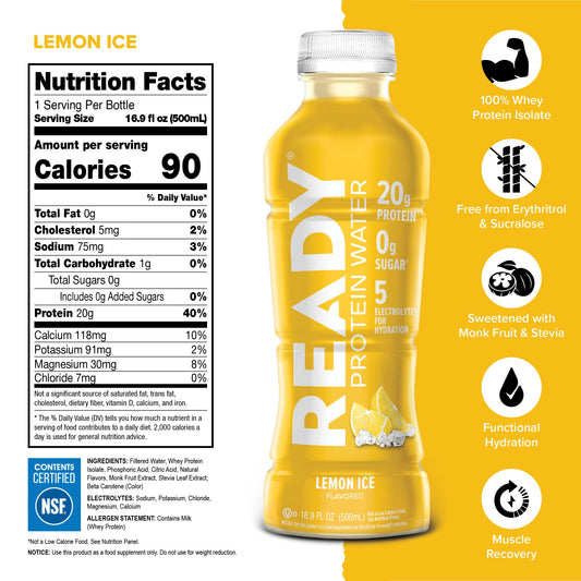 Ready Clear Protein Water bottle back showing zero sugar and calories