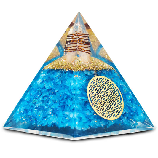 Real Crystal Aquamarine Orgonite Pyramid closeup aids meditation and serenity