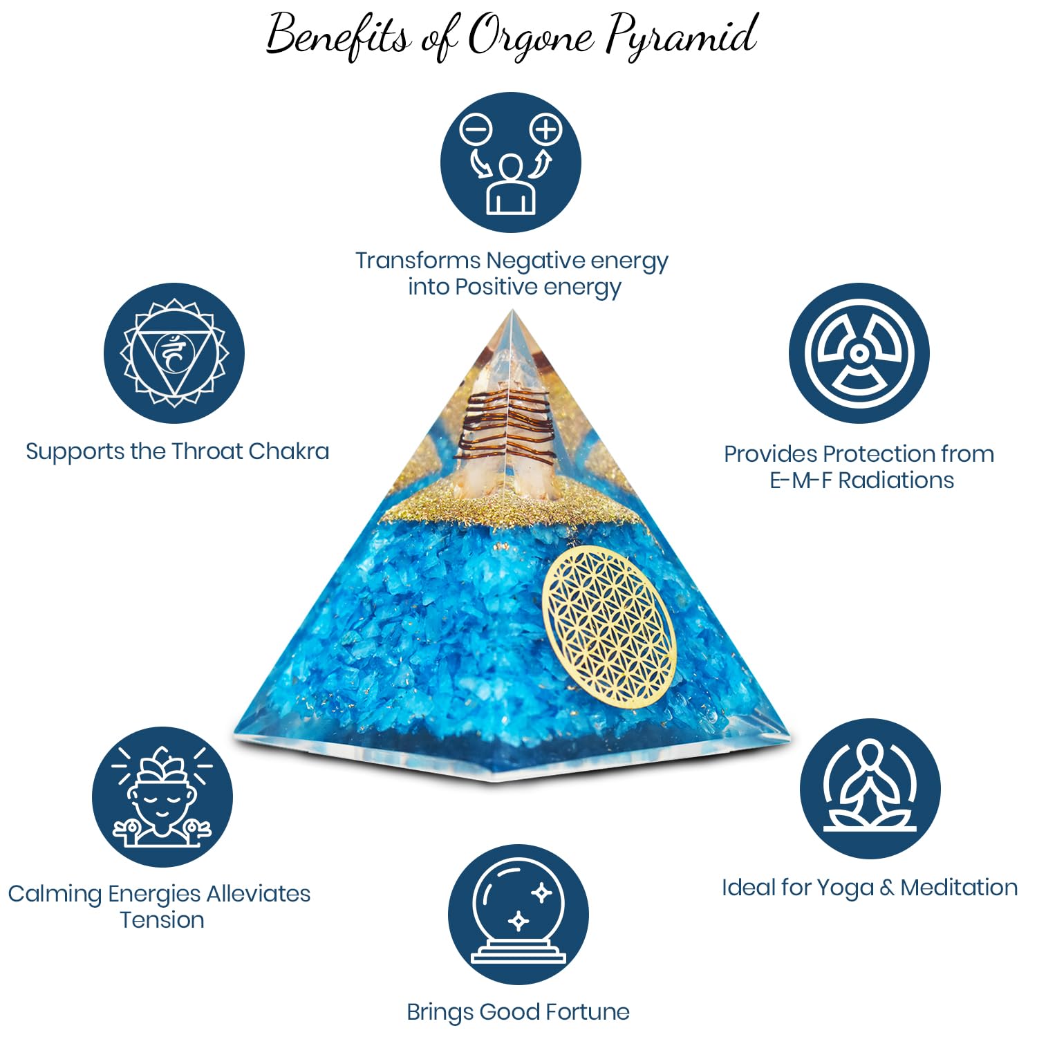 Real Crystal Aquamarine Orgonite Pyramid on desk setup for calm work