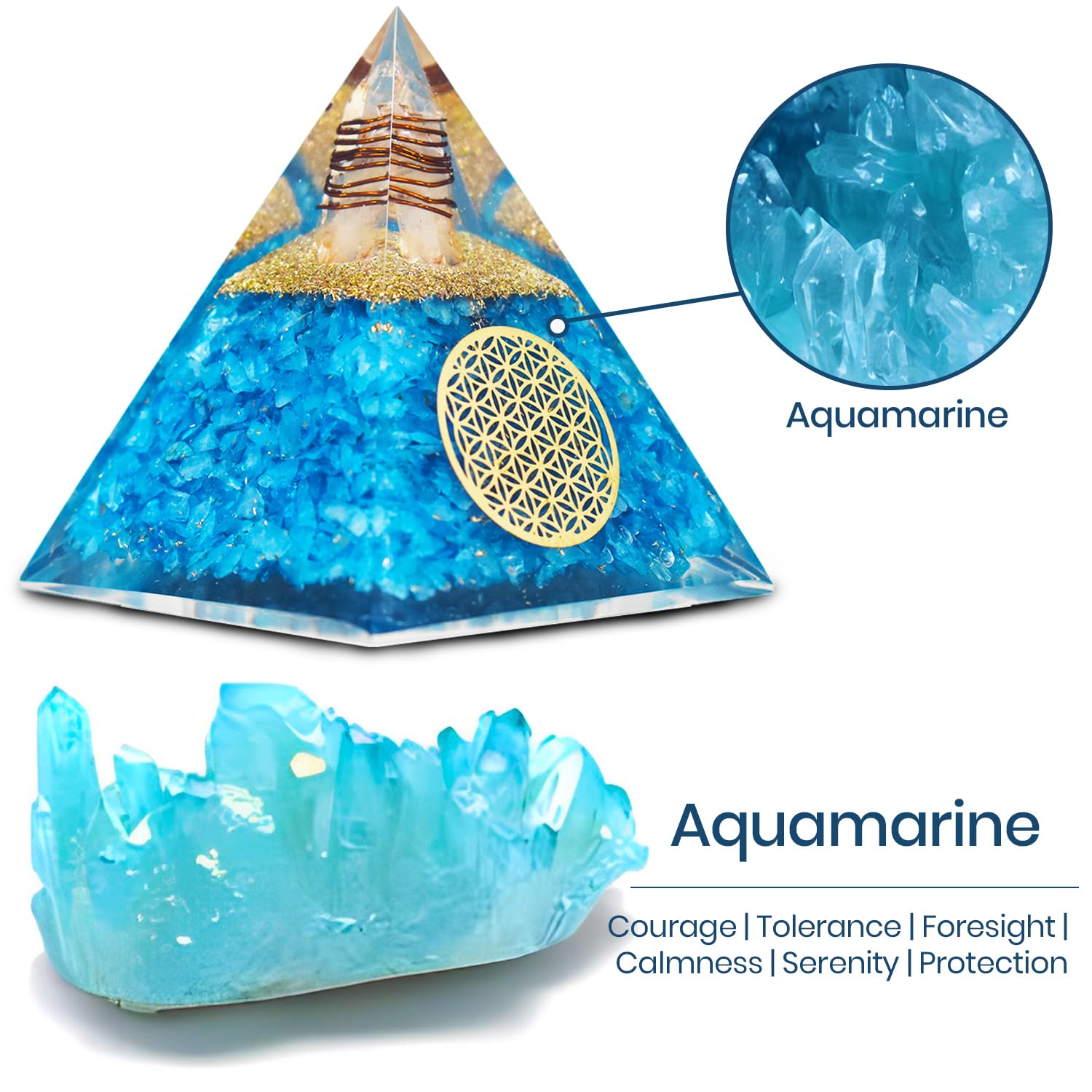 Real Crystal Aquamarine Orgonite Pyramid dimly lit ambient scene