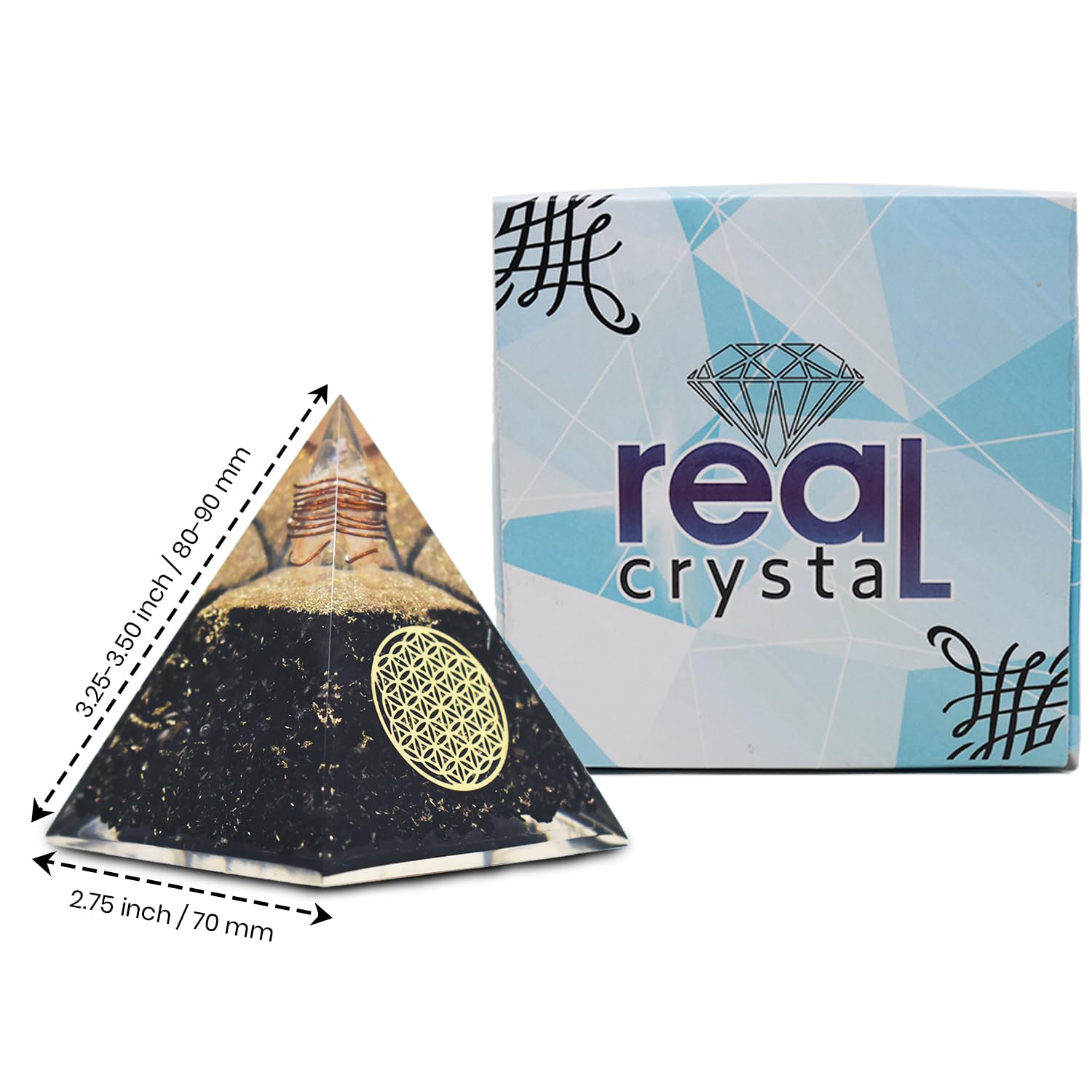 Real Crystal Black Tourmaline Orgonite Pyramid with ambient light for positive vibes.