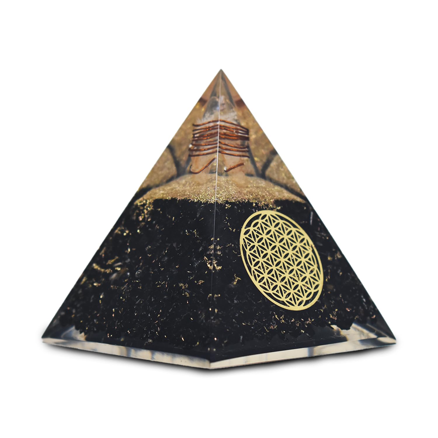 Real Crystal Black Tourmaline Orgonite Pyramid closeup showing detox energies for calm space.